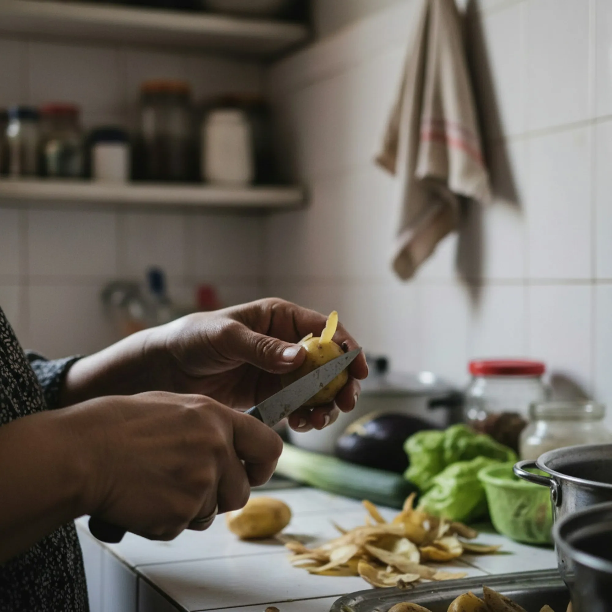 Mãos cortando legumes numa cozinha